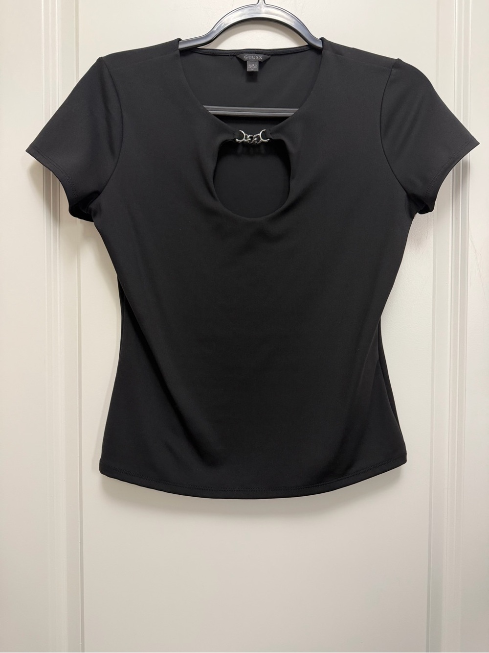 GUESS Black Short Sleeve Keyhole Tee with Silver Accent